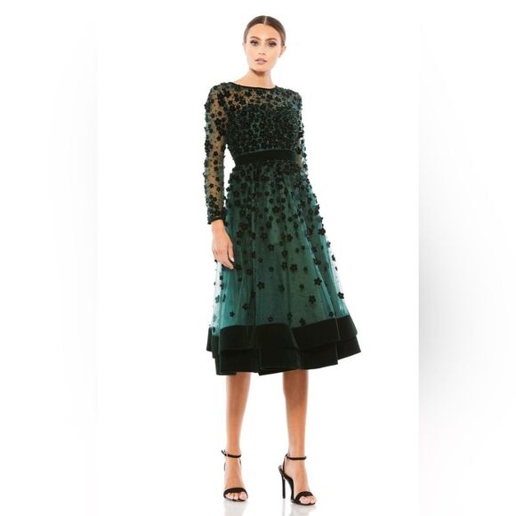 Mac Duggal Emerald Floral Embossed Illusion Midi Dress 67007 Size 4 - Picture 10 of 10